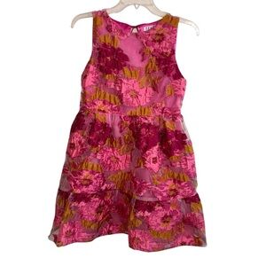 TCEC Floral Brocade Tiered Mini Dress XS Hot Pink Magenta Gold Jacquard Organza